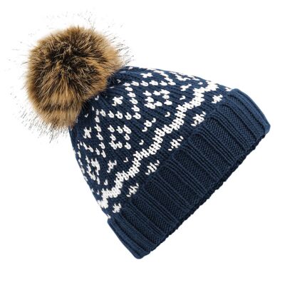 Fair Isle faux fur pop pom beanie Thumbnail