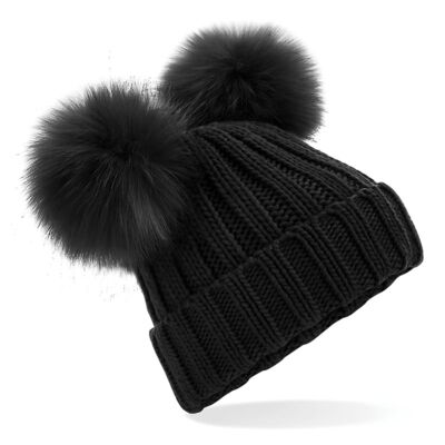 Faux fur double pop pom beanie Thumbnail